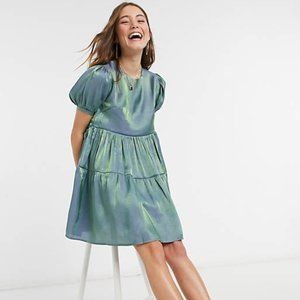 Daisy Street relaxed mini smock dress with puff sleeves in iridescent